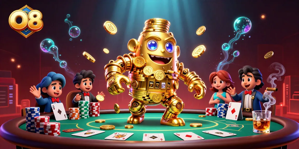 Engage with O8's gaming universe featuring a golden golem and vibrant poker scene.