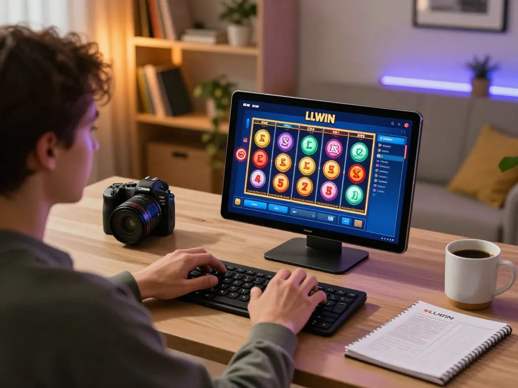 Engaged player enjoying LLWIN online casino on tablet at home desk.