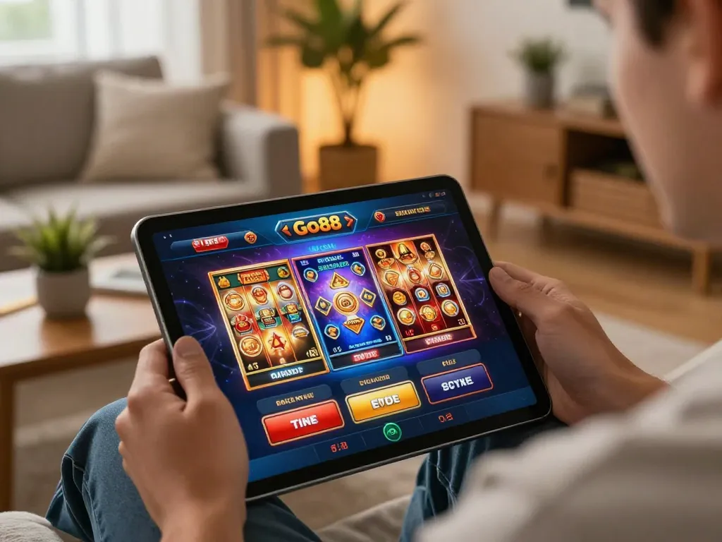 Player enjoying the Go88 casino app on a tablet at home with engaging slot games.