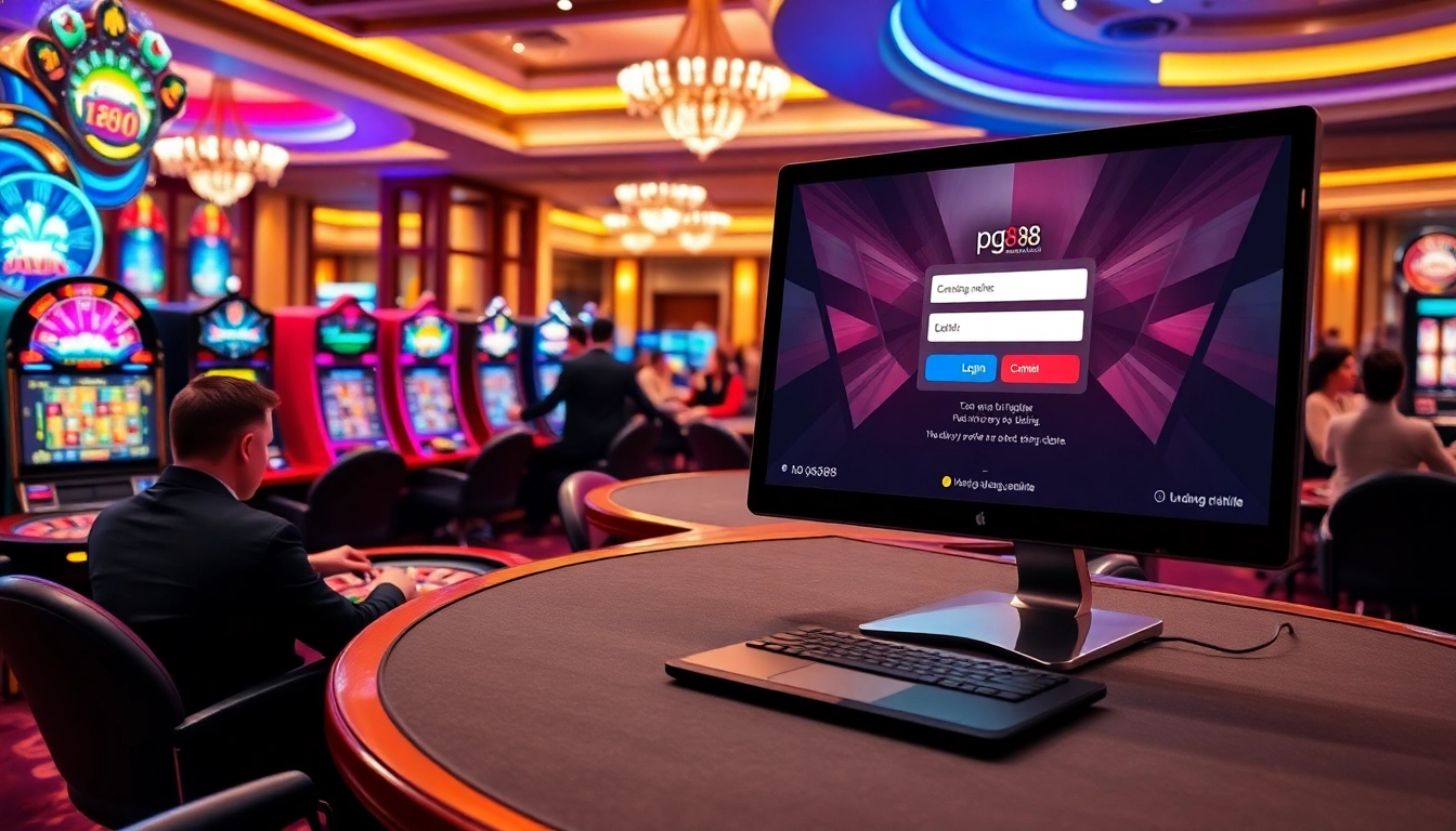 Login interface for pg88 đăng nhập showcased amidst a vibrant casino gaming scene.