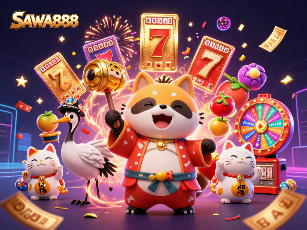 Spin to win with SAWA888's vibrant slots featuring cheerful characters and bright casino elements.
