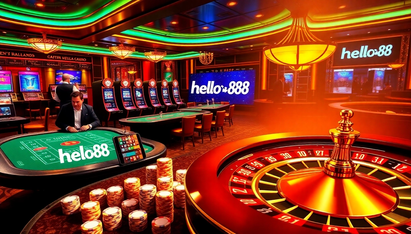 Engaging high-stakes gaming scene on hello88, featuring vibrant casino tables and dynamic slot machines.