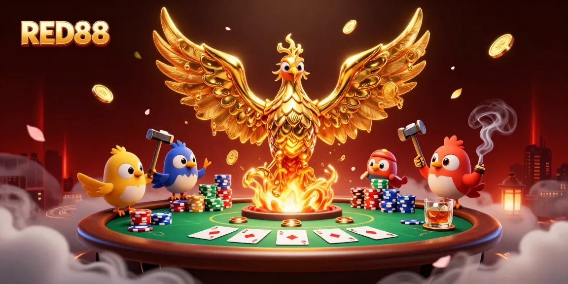 Engage with RED88's thrilling poker scene featuring a molten metal phoenix and vibrant casino elements.
