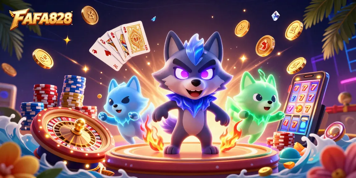 FAFA828 showcases an immersive 3D casino scene with mystic wolves and dynamic gaming elements.