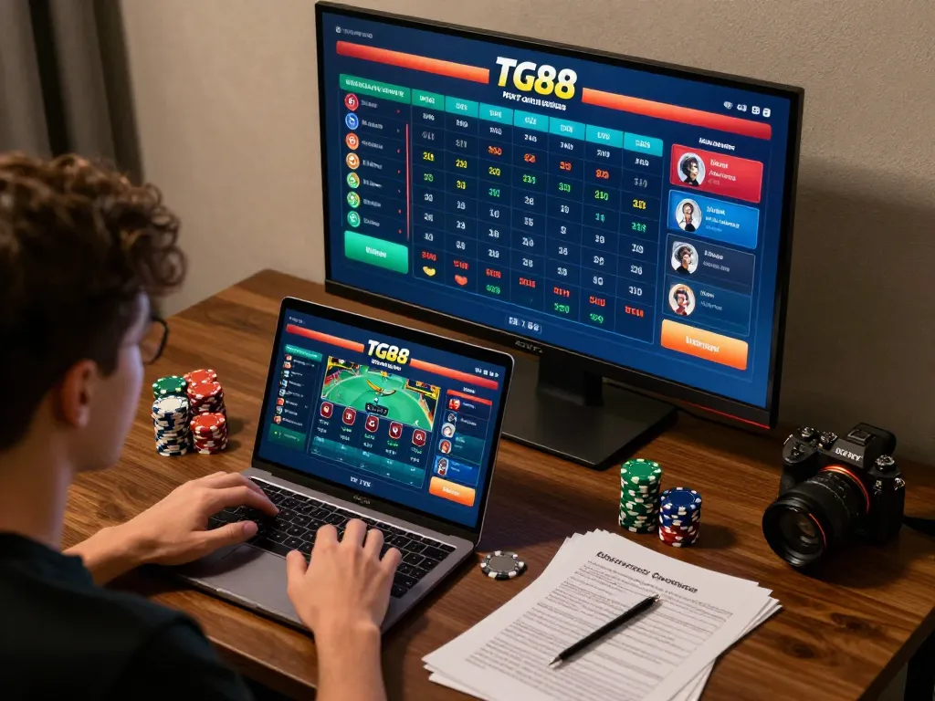 Engaging player strategizing bets at tg88 online casino screen in cozy home