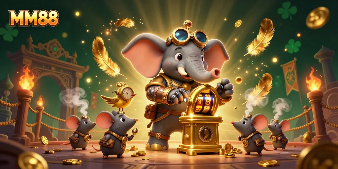 Engage in exciting slot adventures with MM88's vivid casino scene showcasing a steampunk elephant.