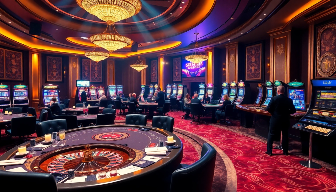 Engaging players at a luxurious casino scene from https://kkwinzz.com/ showcasing poker, roulette, and thrilling gaming action.