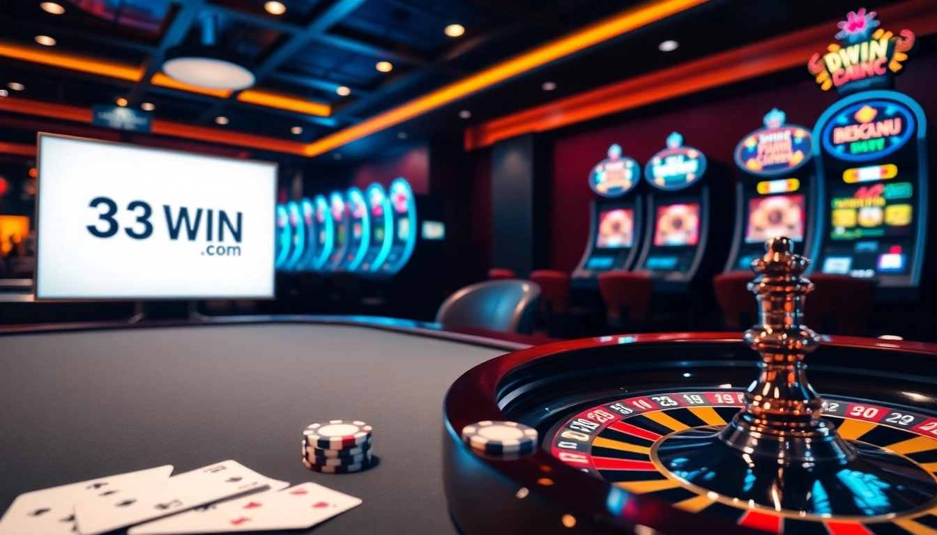 Experience high-stakes gambling with 33WIN com featuring poker chips and roulette wheel.