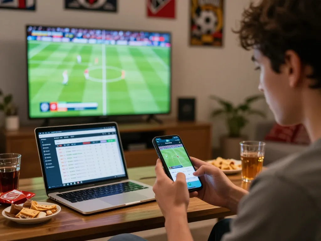 Excited user engaging in live betting on the Nk88 platform while watching a sports game