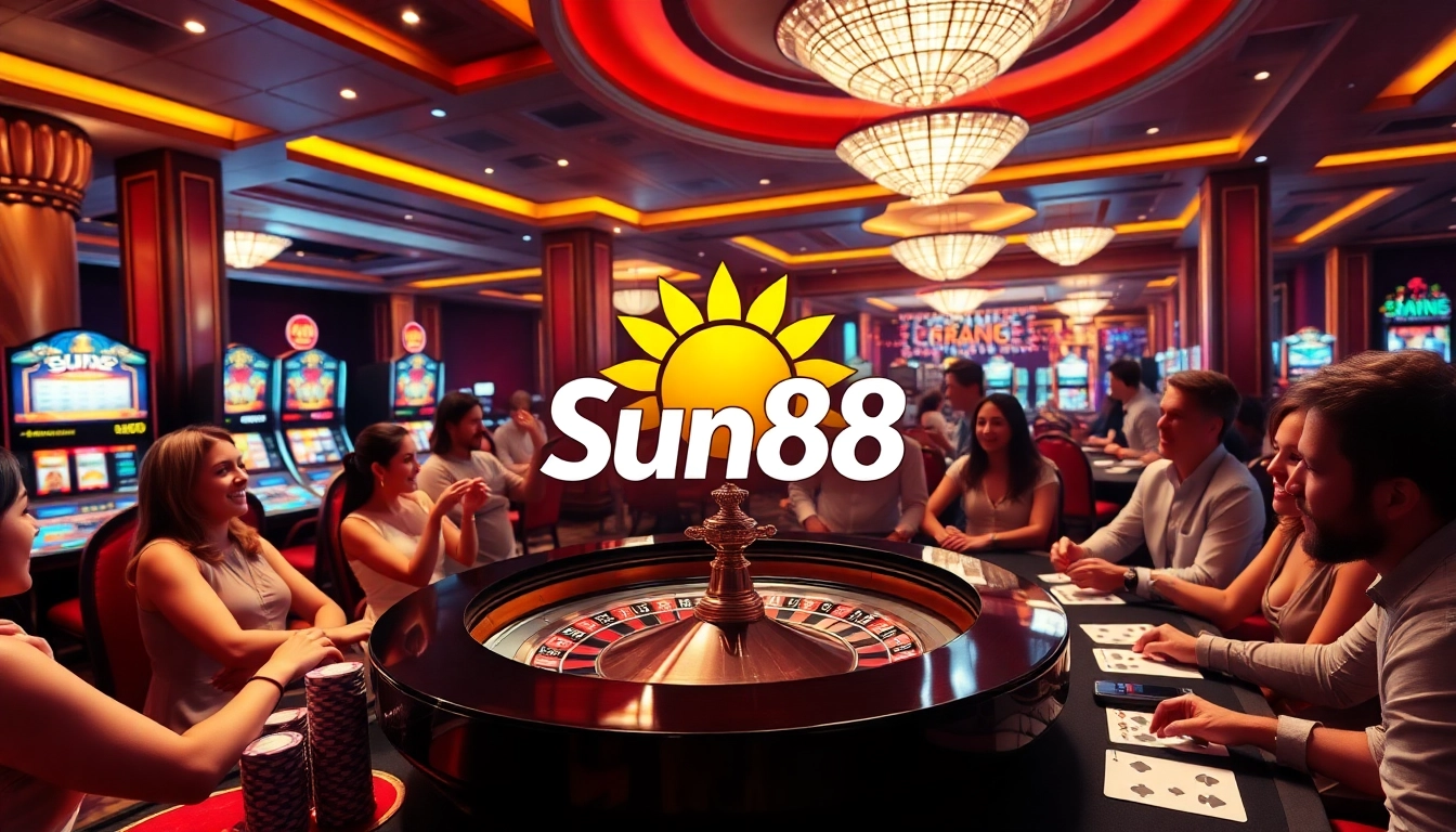 Players engaging in thrilling action at Sun88's roulette table amid luxurious casino décor.