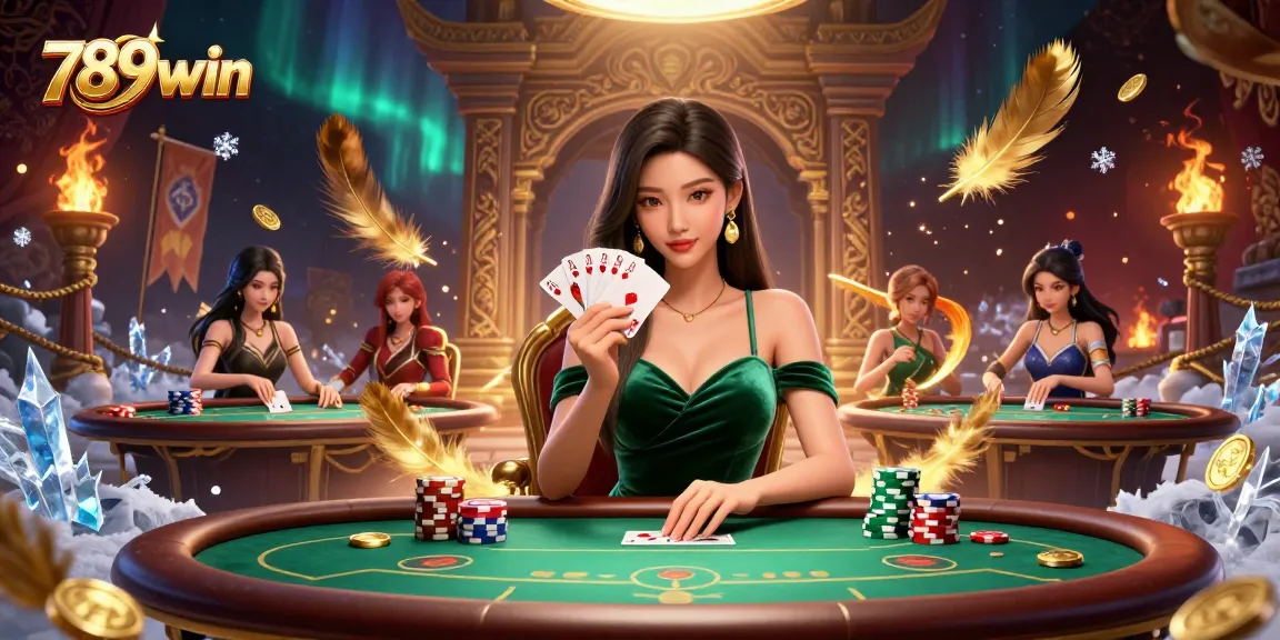 Experience thrilling casino action with 789win, showcasing a stylish poker scene filled with vibrant details.