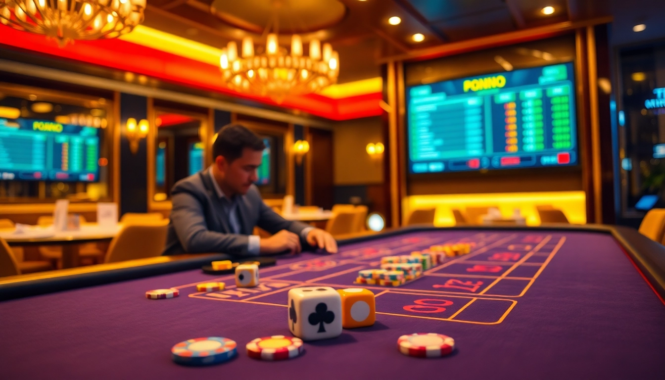 Xóc đĩa online gameplay table showcasing colorful chips and traditional dice in an elegant casino setting.