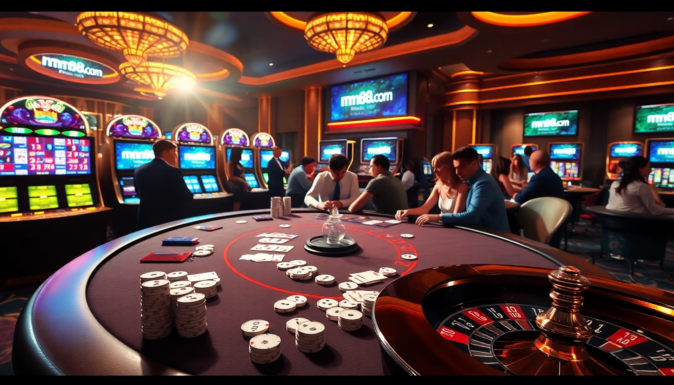 Experience the thrill of betting at mm88.com, featuring a luxurious casino scene with poker chips and roulette.