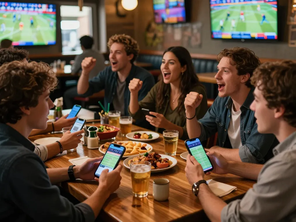Tỷ lệ kèo nhà cái hôm nay highlighted as friends engage in sports betting at a lively venue.