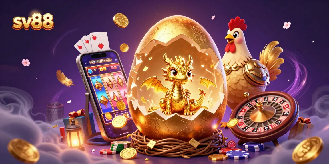 Engage in exciting gaming sessions at sv88 with a golden dragon, poker chips, and vibrant slot games.