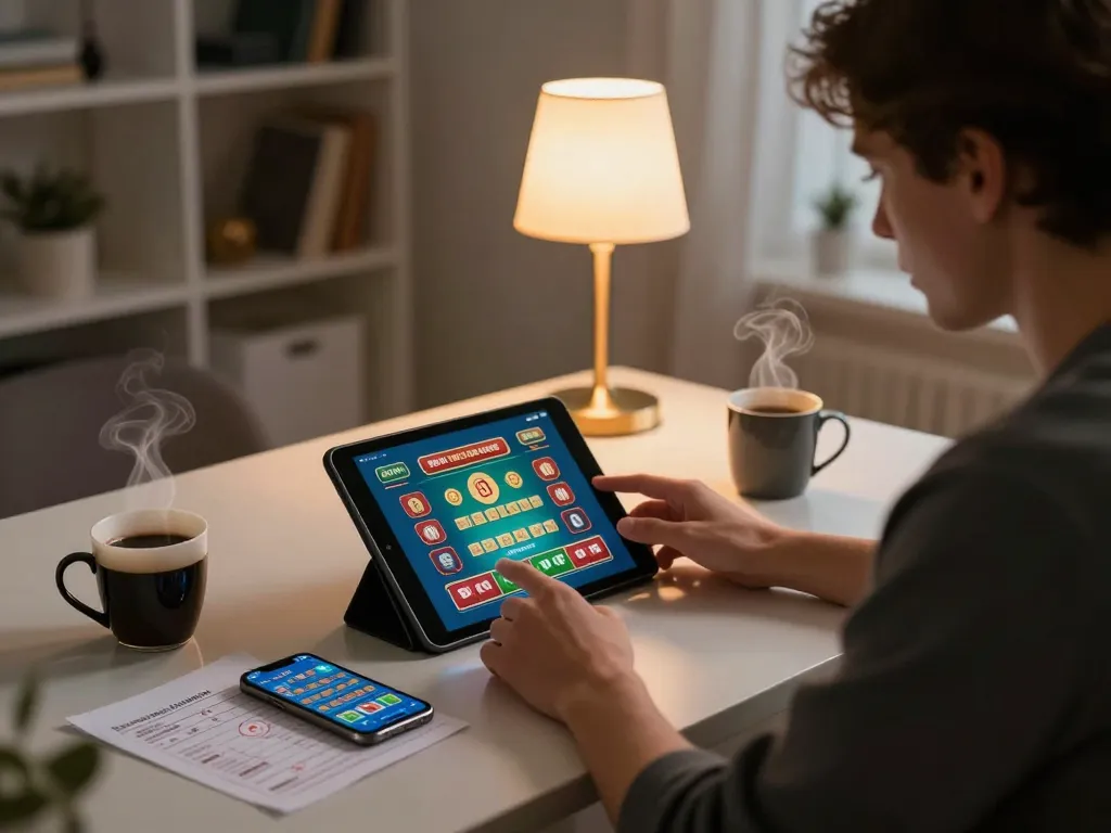 Engaging in online casino games using link 88aa on a tablet in a cozy home setting.