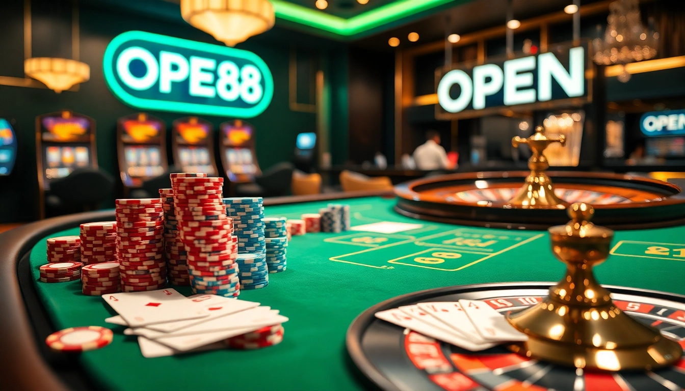 Engage in thrilling gameplay at OPEN 88 casino with poker chips, roulette, and elegant ambiance.