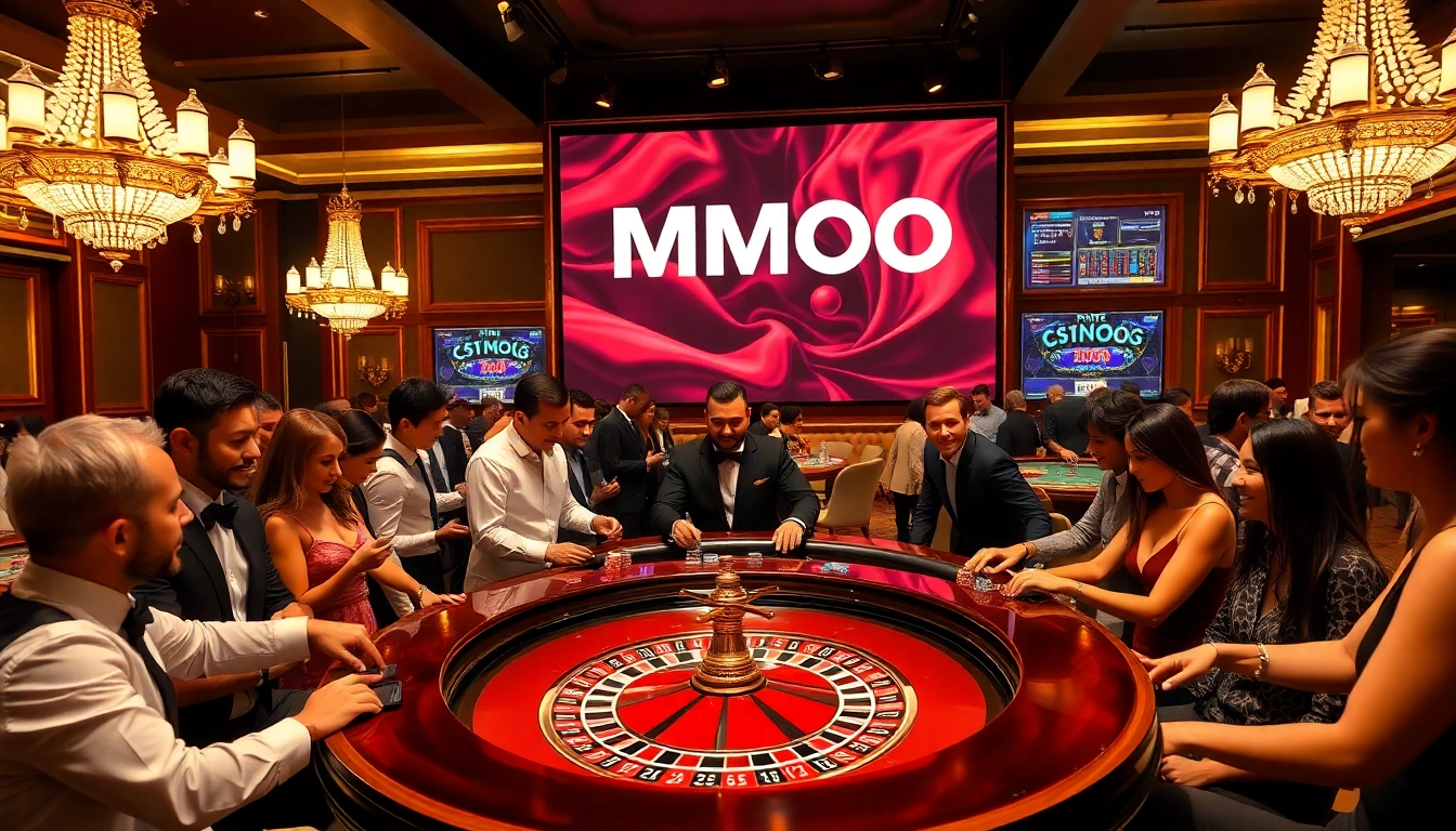 Players enjoying a thrilling game at MMOO casino with roulette and poker tables.