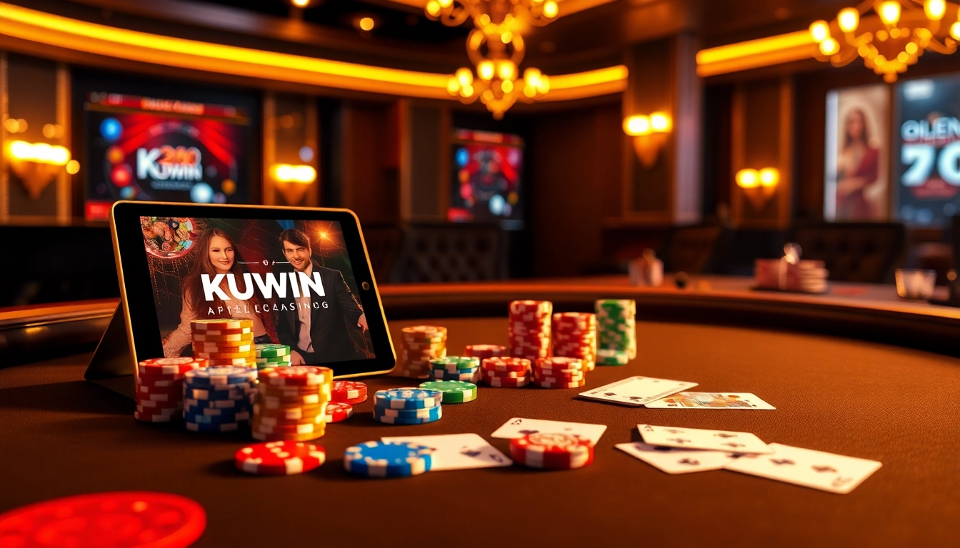 KUWIN presenting a vibrant casino scene with luxury gaming tables, chips, and high-tech gambling interface.