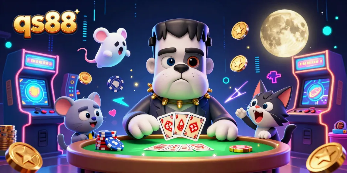 Experience the excitement of qs88 with a 3D cartoon-style casino scene featuring a card-dealing bulldog and unique characters.