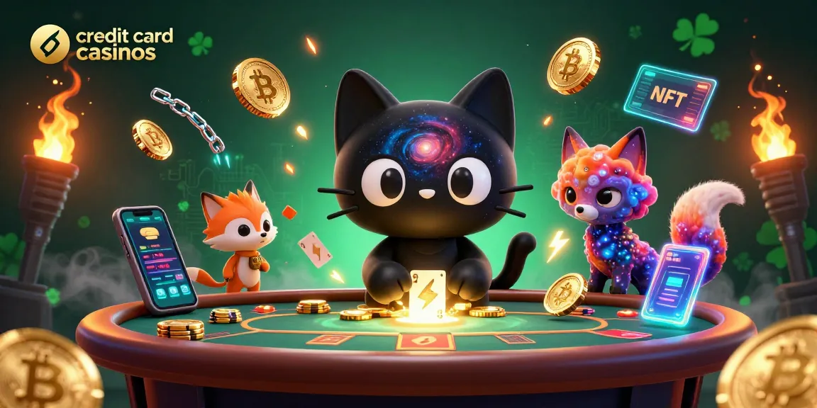 Engaging scene of credit card casinos with a black hole cat and nebula fox, showcasing vibrant cosmic elements.