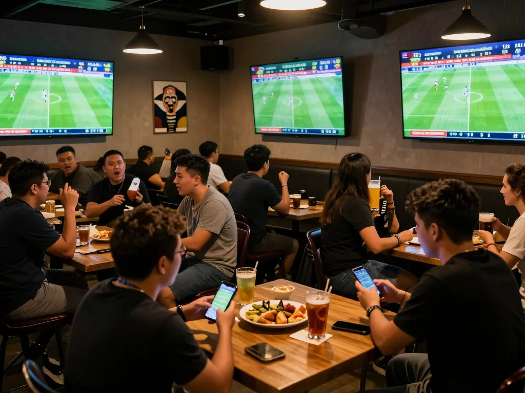 Excited patrons checking kết quả bóng đá during a live football match at a sports bar.