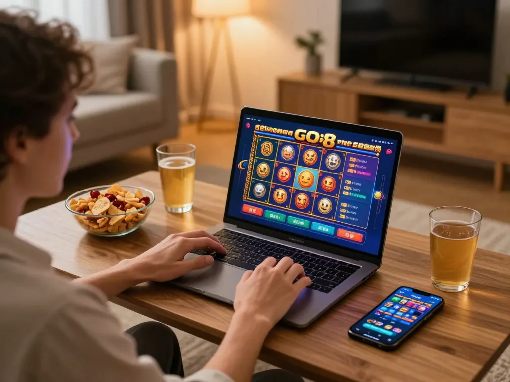 Engaged player using laptop for GO8 online casino gaming in a cozy living room setting.