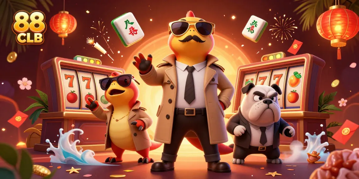 Engage with 88 CLB's vibrant casino adventure featuring playful raptor characters in a busy VIP lounge.