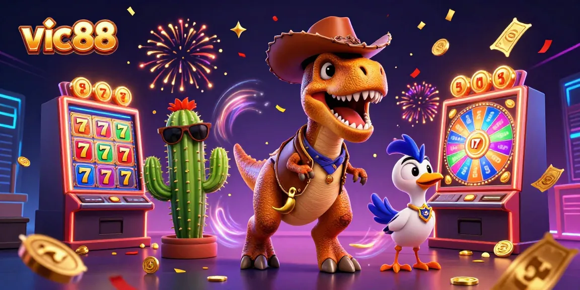 Play exciting slots at vic88 with colorful elements and winning characters in an engaging casino scene