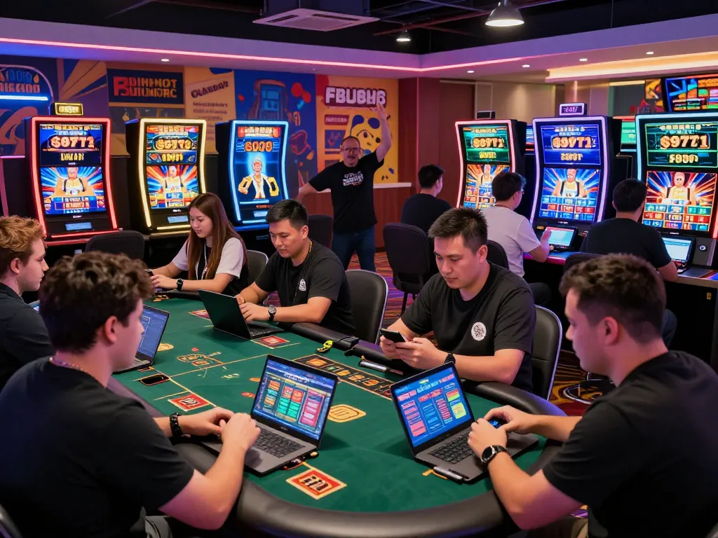 Players enjoying diverse games on FB88's platform in a vibrant online casino.