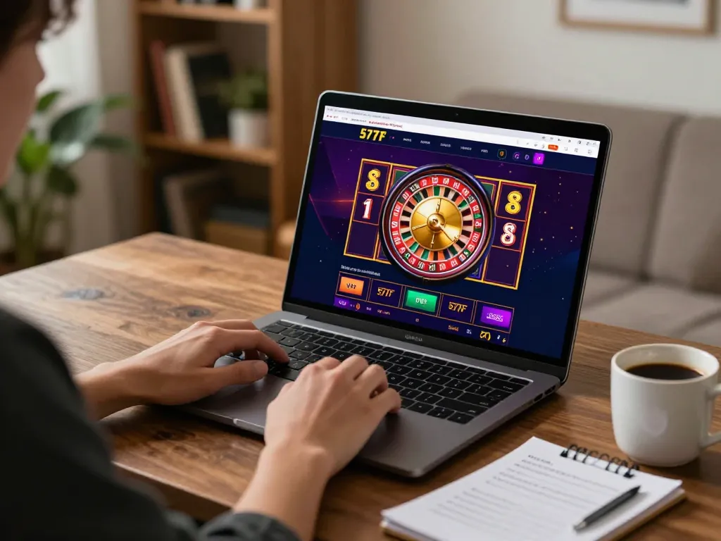 Engaged user gaming on 577F online casino site showcasing vibrant roulette and slots.