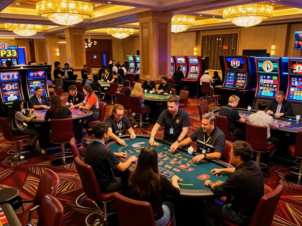 P3 casino showcases vibrant gaming scene with players engaged in blackjack and roulette.