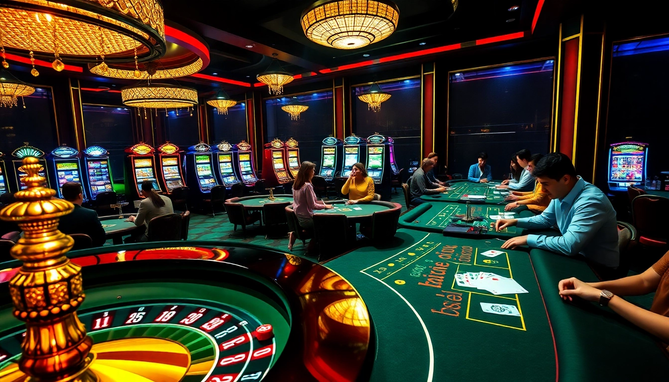 A luxurious casino scene showcasing players at 888NEW tables, engaged in thrilling gambling activities, with spinning roulette and colorful slot machines.