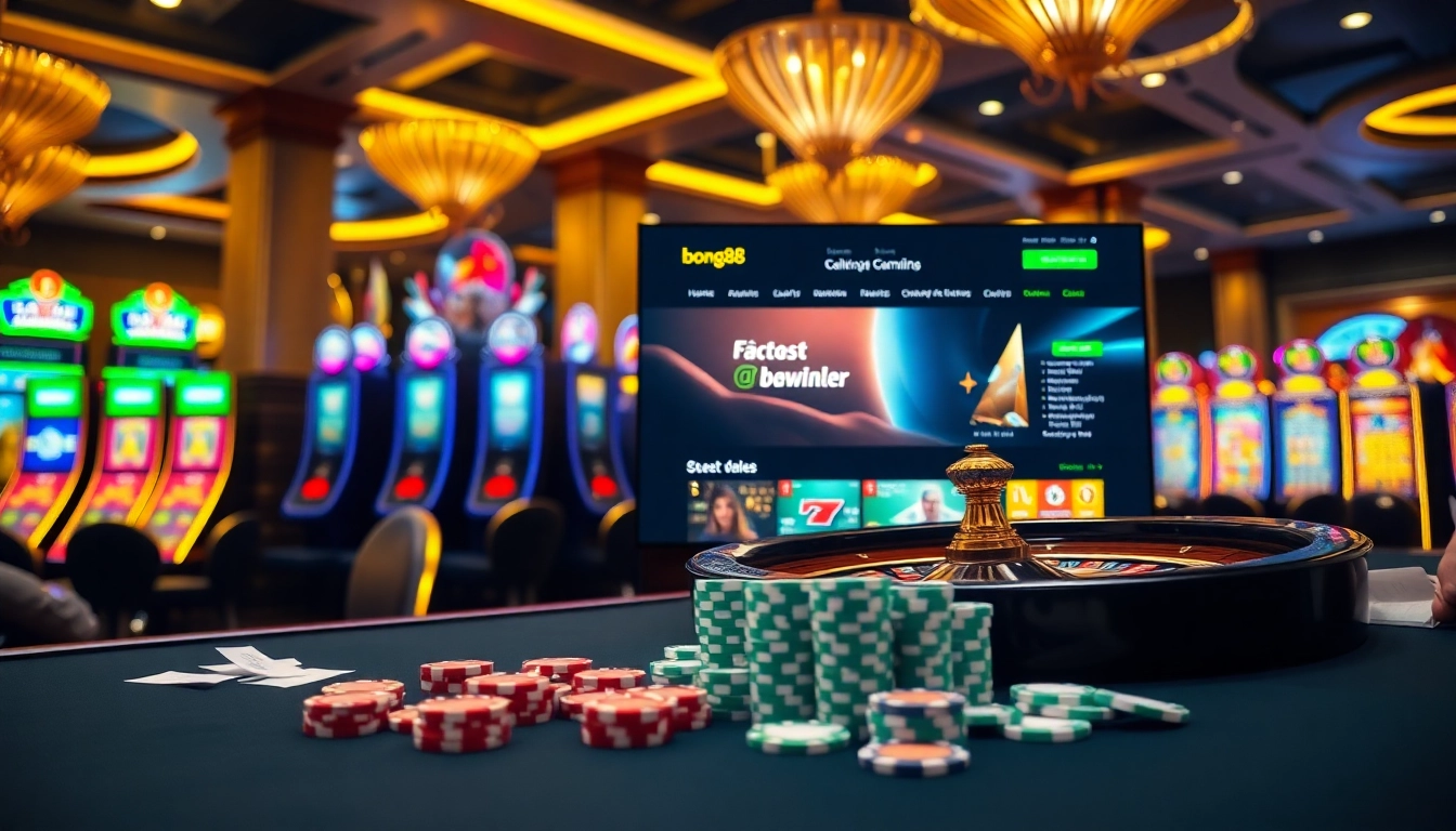 Bong88 showcases an exciting casino atmosphere with vibrant slot machines and roulette wheels, inviting players to engage.