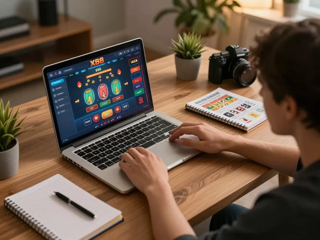 X88 gaming experience capturing player engaging in live dealer game online with strategy notes.