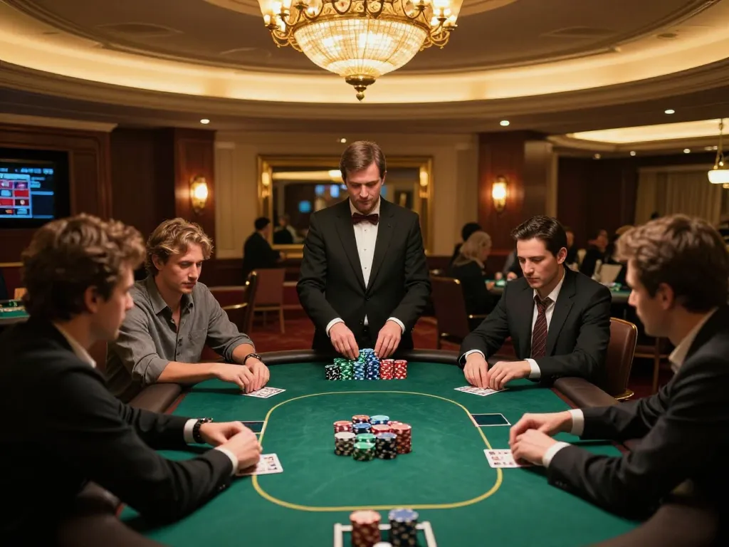 Players engage in intense poker gameplay featuring 7m stakes, showcasing chips and cards in a luxury casino.