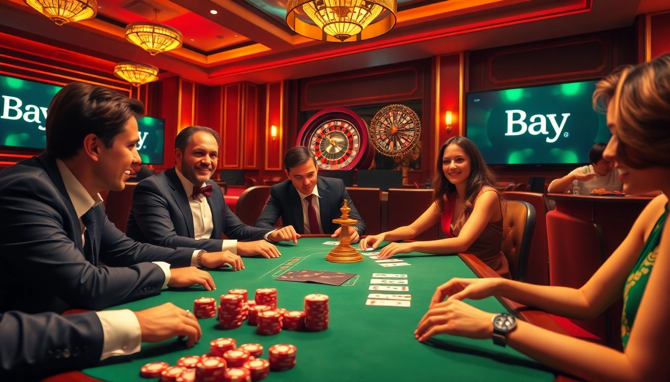 A thrilling poker game at Bay789 casino with vibrant tokens and players immersed in winning strategies.
