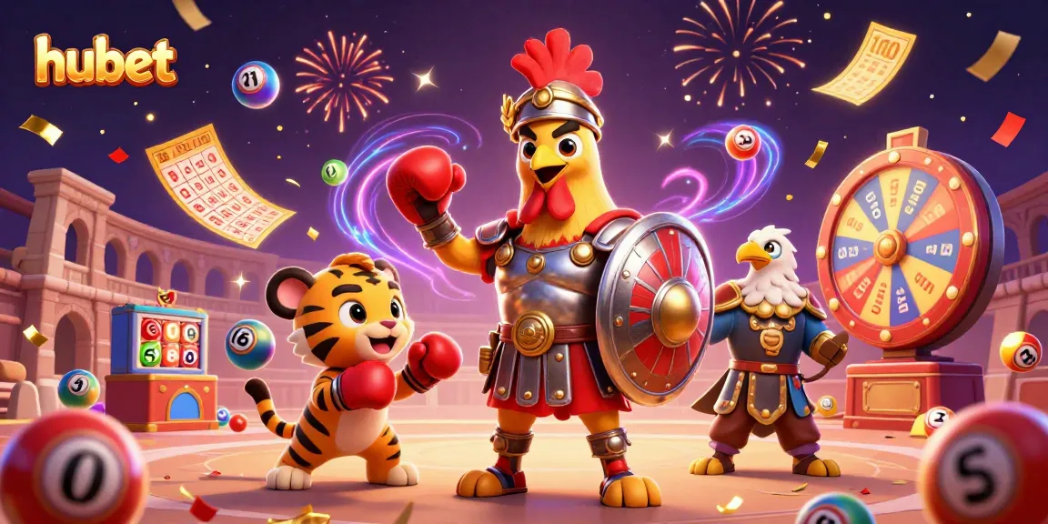 Exciting hubet gaming experience illustrated with lively casino elements and characters.
