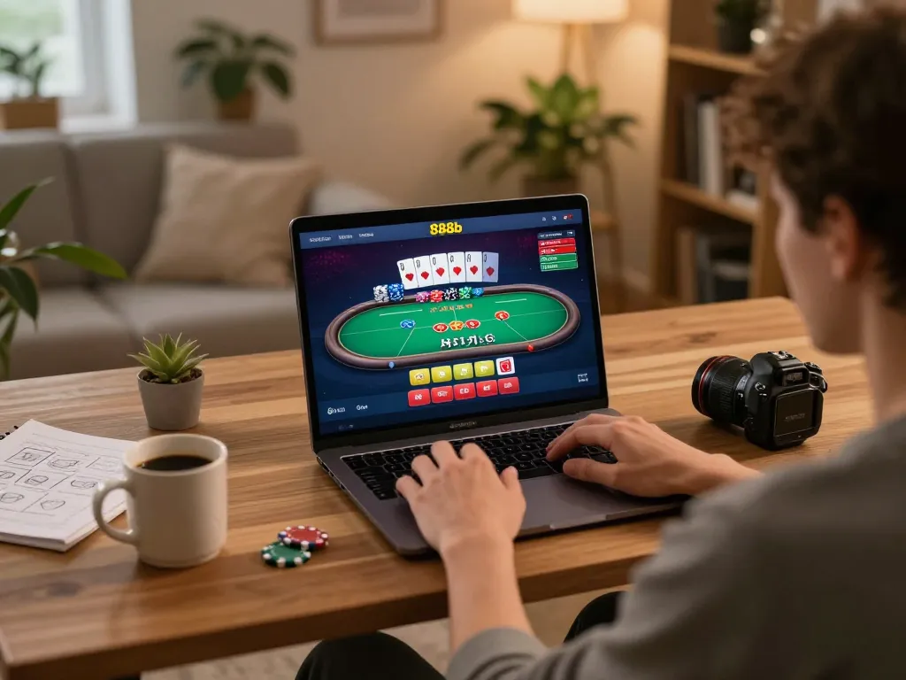 Engaging with 888b online poker game on a laptop, showcasing dynamic gameplay and a cozy home setup.