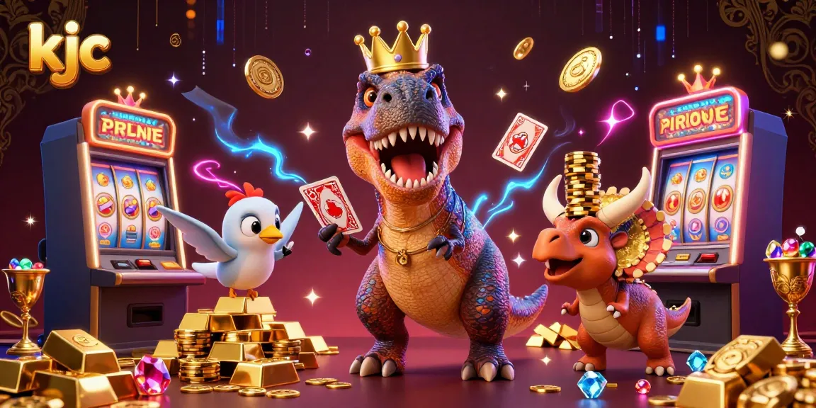 KJC T-Rex and friends enthusiastically tackle card games in a casino filled with treasures and slot machines.