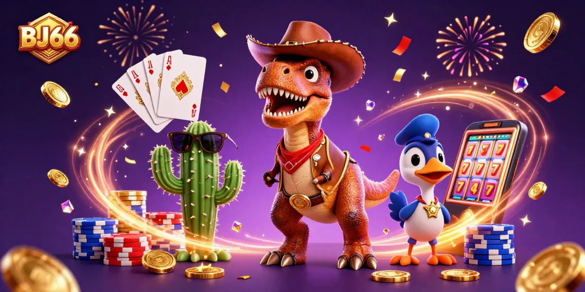 Spin the reels at BJ66 with a vibrant 3D scene featuring a T-Rex cowboy amidst dazzling casino elements.