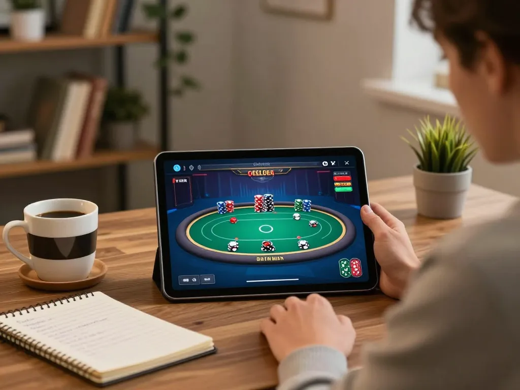 Player strategizing at home with Au88 poker app, showcasing focused online gaming experience.