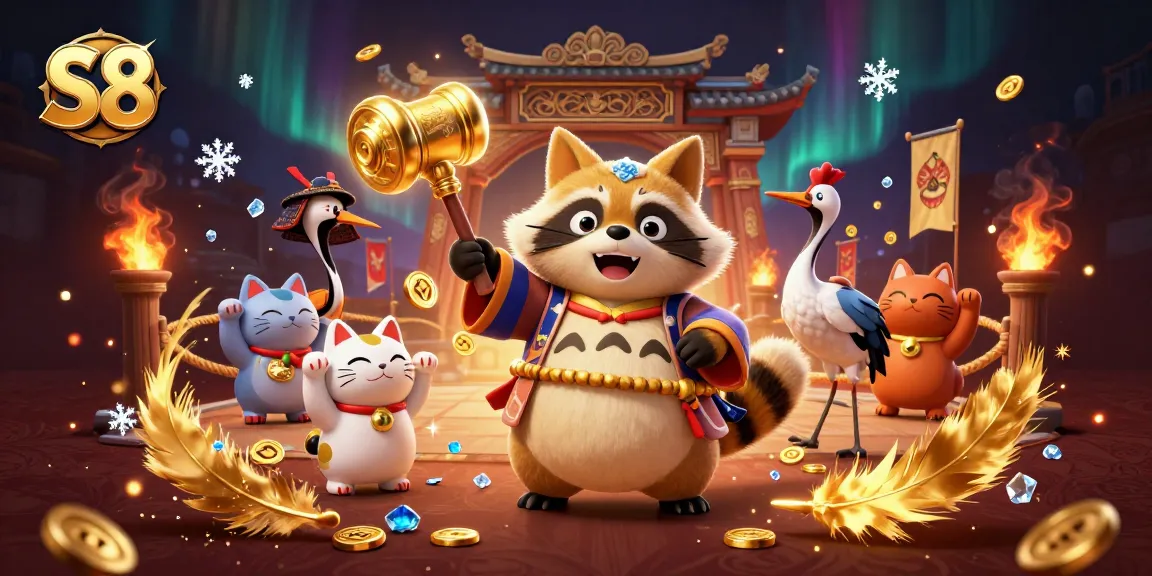 Spin and win with S8 - a cheerful tanuki and fun maneki-neko in a vibrant casino scene.