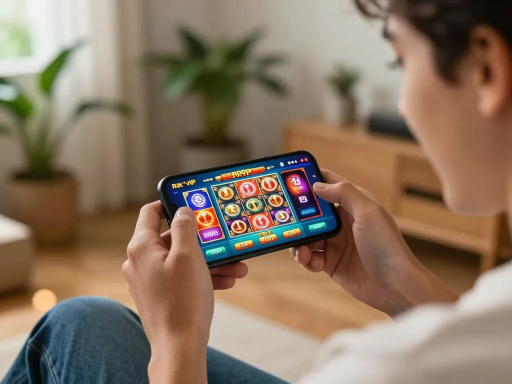 Playing games on the rik vip casino app with excitement in a cozy home setting