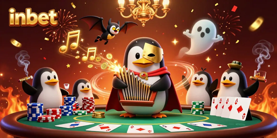 Experience exhilarating inbet action as the phantom penguin plays for golden treasures in a vibrant casino scene.