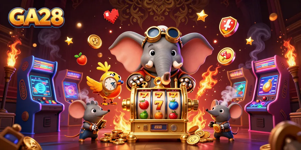 Engage with GA28's dynamic slot machine action featuring a whimsical steampunk elephant engineer.