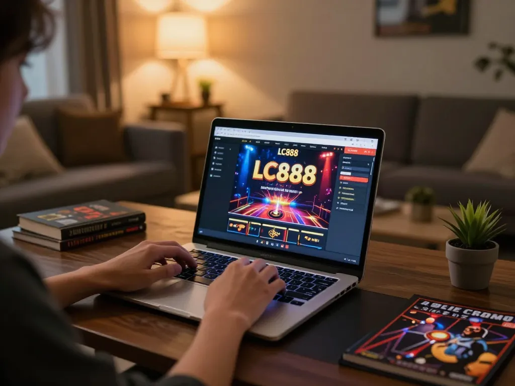 Person engaging in online gambling with LC888 on a stylish laptop in a cozy home setting.