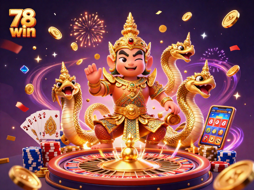 Engage with the 78 win experience, featuring a cartoon Thai guardian amidst casino elements.