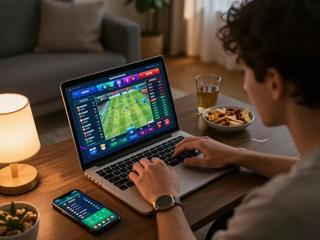 Engaging sports betting session on ok365 with laptop displaying odds and stats in a cozy home.