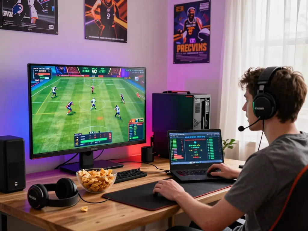 Exciting gaming environment showcasing Goal123 sports betting experience with player focused on screen, vibrant decor and modern setup.